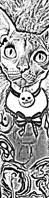 Free colorable bookmarks of a cat wearing a skull necklace